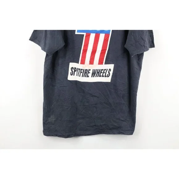 Vintage 80s Spitfire Wheels Mens XL Distressed Skateboarding T-Shirt Black USA